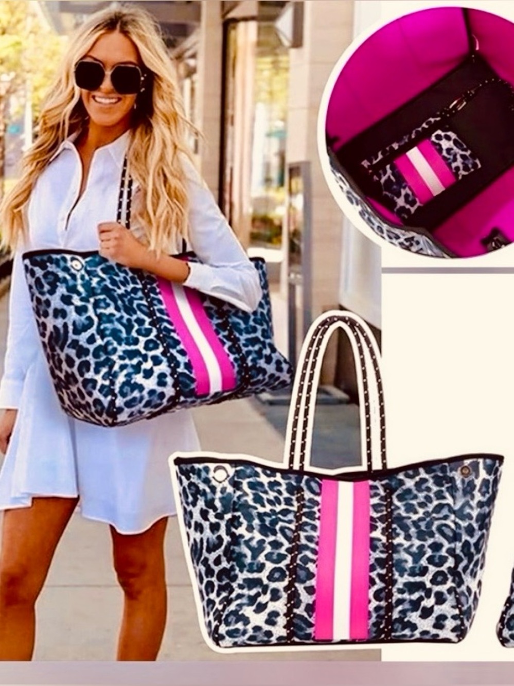 Haute Shore Grey Leopard Neoprene Tote | Pink Stripe | Large Beach Travel Gym Ba